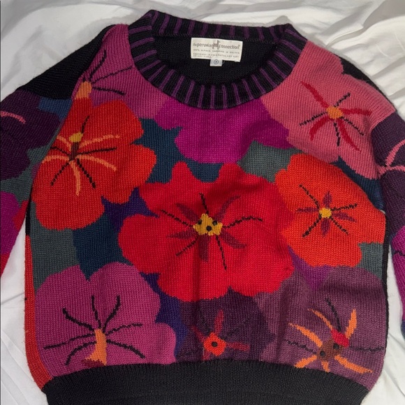 Peruvian Connection Sweaters - Peruvian Connection Bright Floral Crewneck Sweater in Red, Pink, Purple, Black